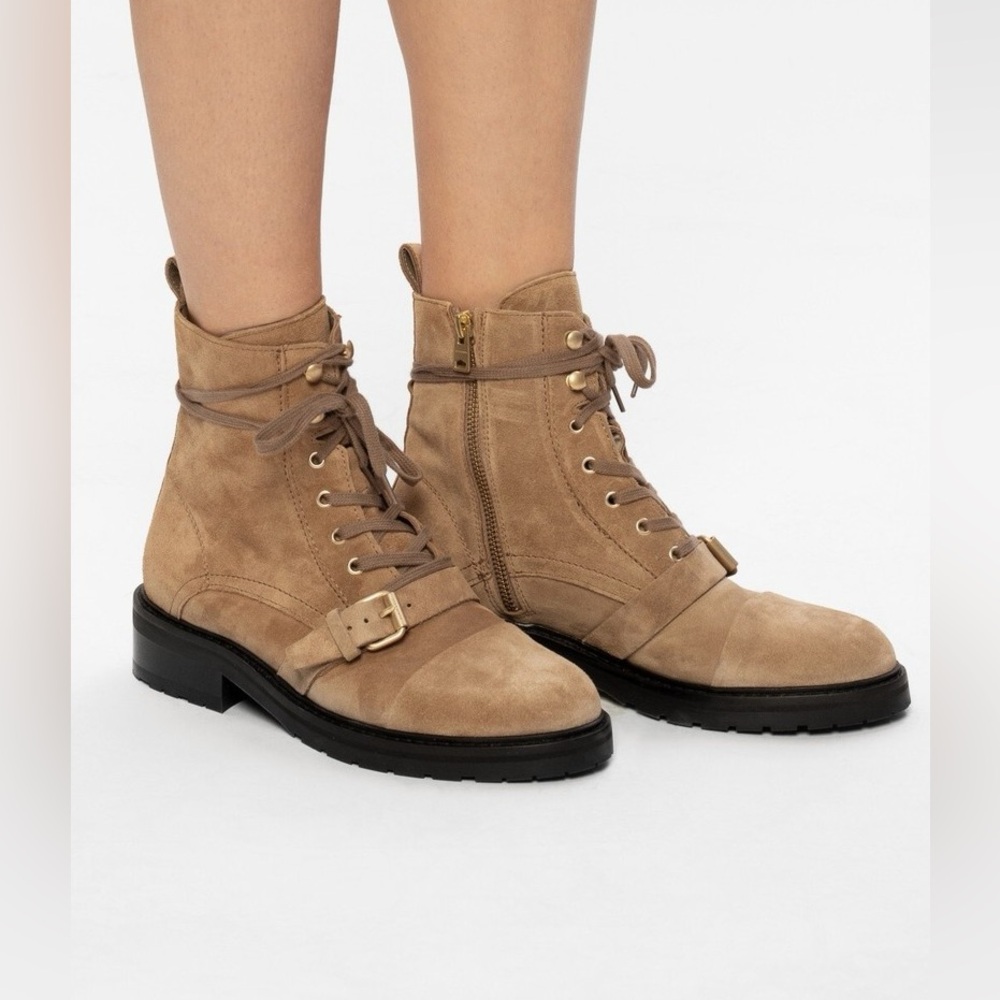 ALL SAINTS ‘DONITA’ SUEDE ANKLE BOOTS MOTO LACE UP TAN BROWN